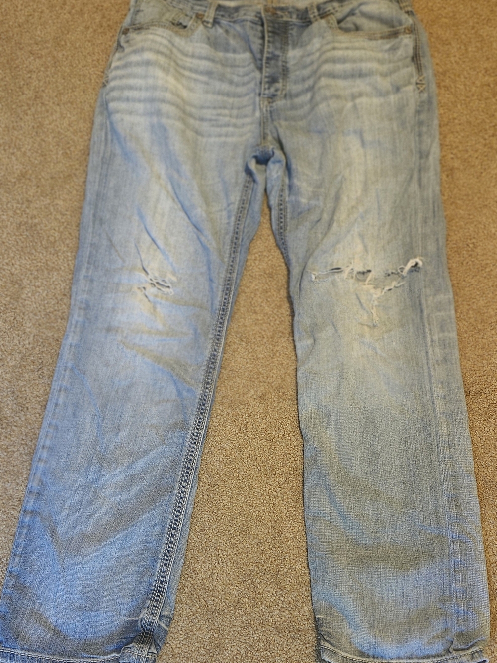 BKE Light Blue Straight Men’s Jeans with Distressed Knees Button Fly